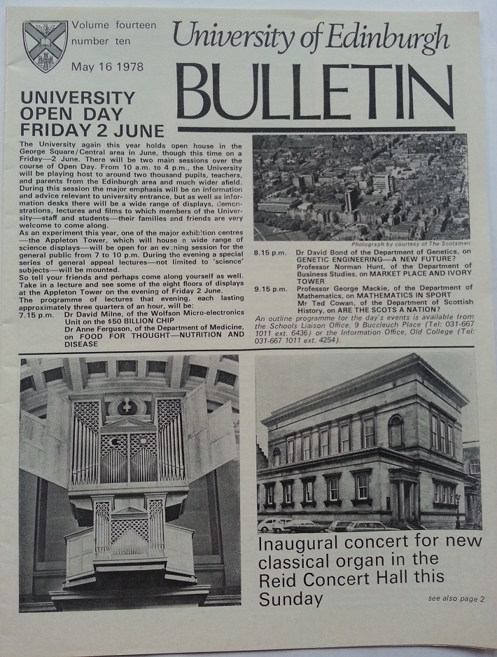 University Bulletin article about the inaugural recital of the Ahrend Organ in the Reid Concert Hall - 21 May 1978.